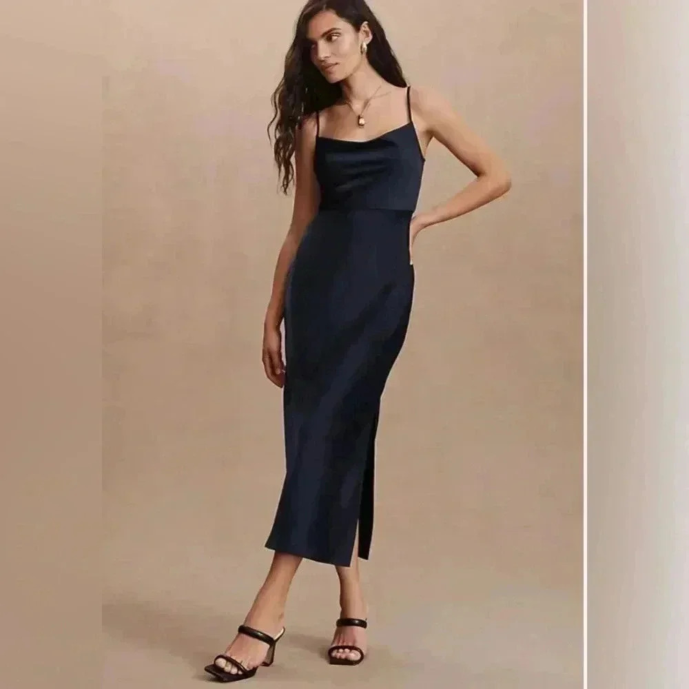 New BHLDN Cali Satin Charmeuse Midi Dress black satin size 20